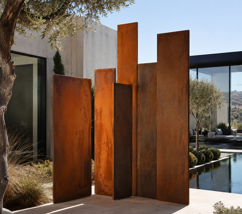 Acier Corten utilisé pour des panneaux architecturaux verticaux dans un jardin contemporain