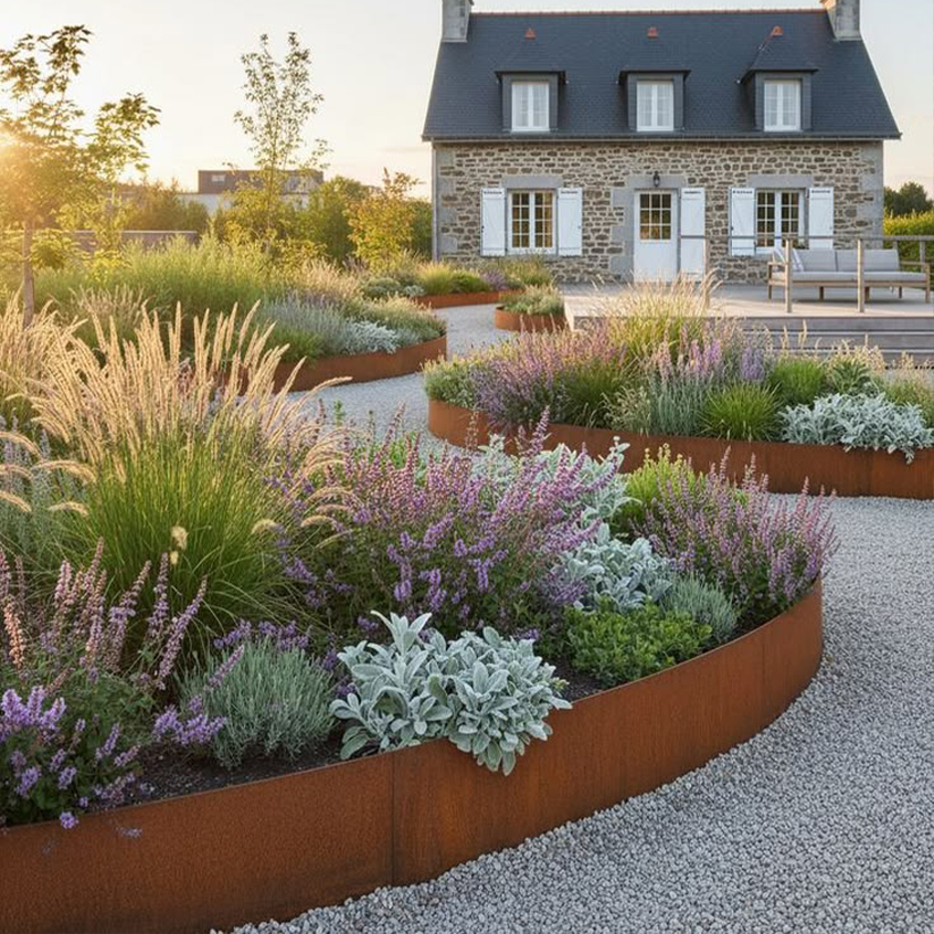 Bordures et délimitations en acier Corten autour de massifs végétalisés dans un jardin paysager