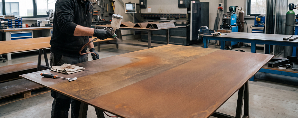 Technicien réalisant la préparation de la patine sur une tôle dans le cadre de la Fabrication acier Corten Maroc en atelier.