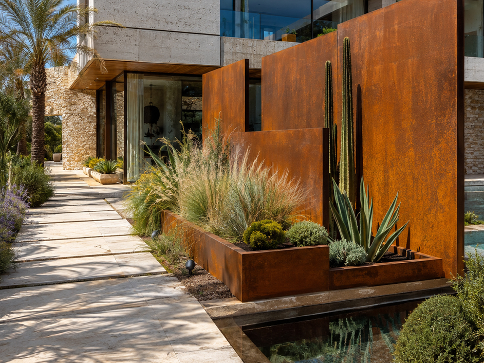 Jardinières en acier Corten dans un aménagement extérieur contemporain de villa