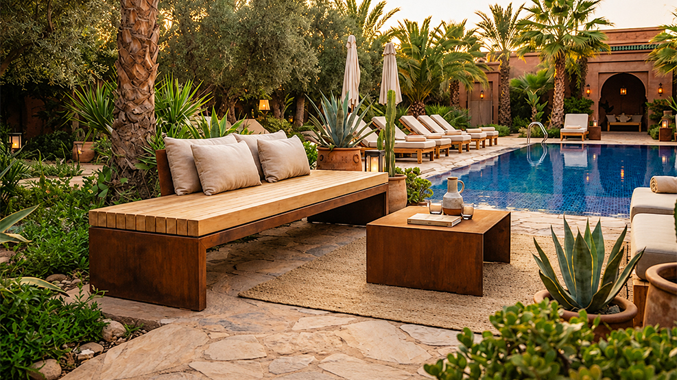 Mobilier extérieur en acier Corten avec banc et table basse près d’une piscine