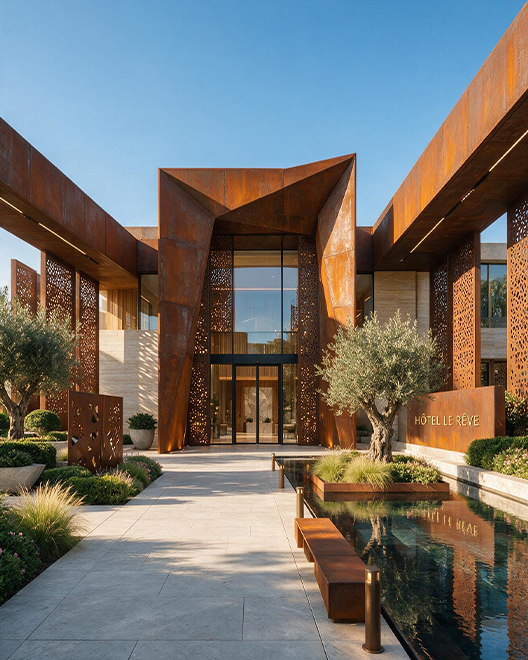 Ouvrages en acier Corten intégrés à l’entrée monumentale d’un hôtel contemporain