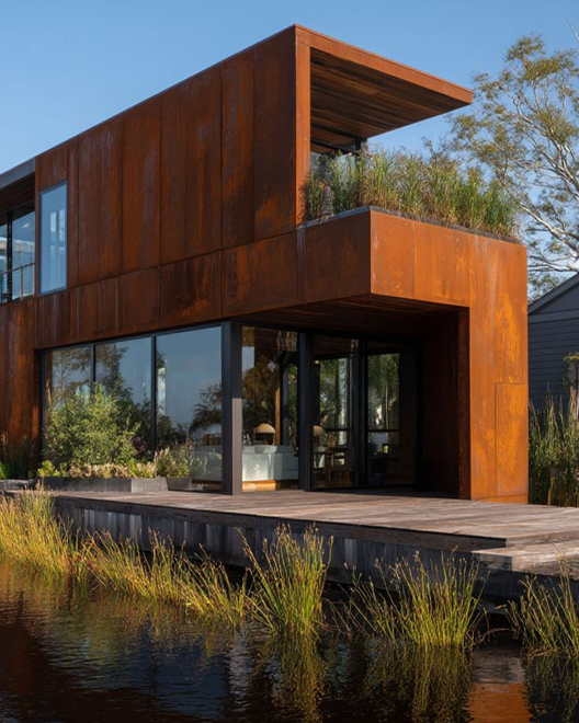 Ouvrages en acier Corten utilisés pour la façade et le bardage d’une maison contemporaine