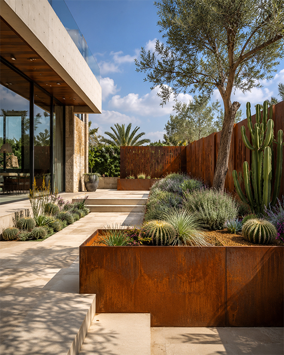 Ouvrages en acier Corten avec jardinières et claustras dans un jardin contemporain