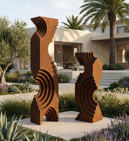 Ouvrages en acier Corten sous forme de sculpture géométrique installée dans un jardin contemporain